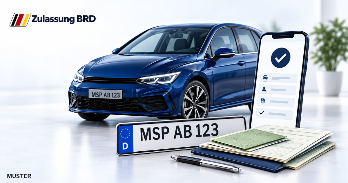 Online Fahrzeugzulassung in Marktheidenfeld: Musterkennzeichen MSP AB 123, Auto und Fahrzeugpapiere und Smartphone. Illustration mit Logo von Zulassung BRD.